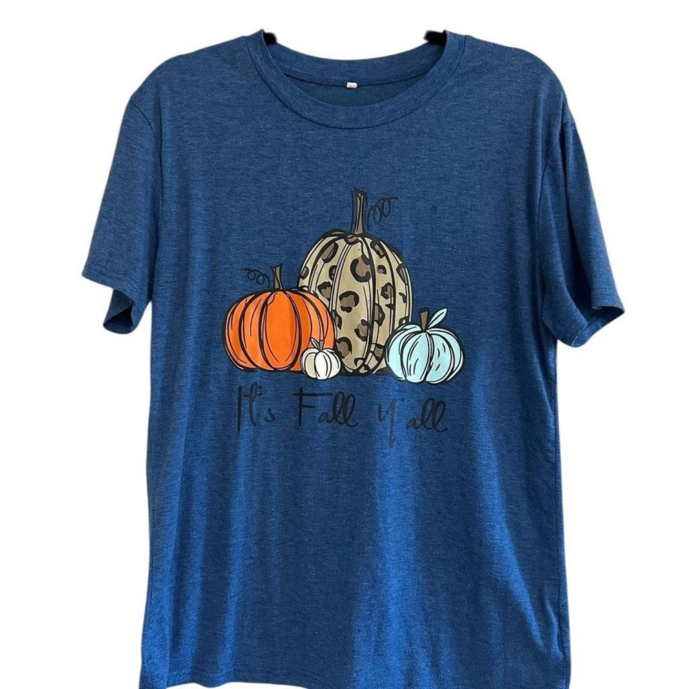 Women's Blue Fall Pumpkin Short Sleeve Shirt‎ Size L